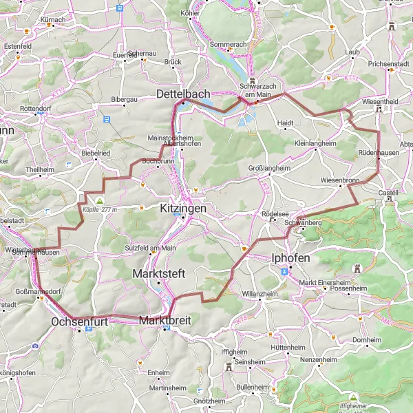 Map miniature of "The Hidden Gem Gravel Trail" cycling inspiration in Unterfranken, Germany. Generated by Tarmacs.app cycling route planner
