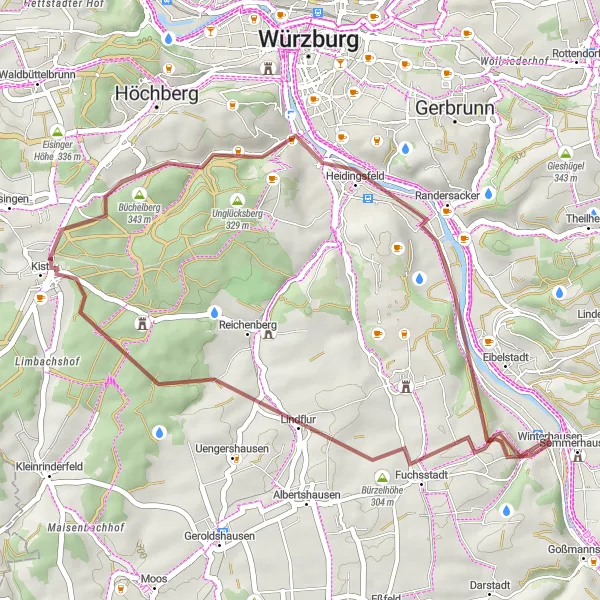 Map miniature of "Short Gravel Adventure near Sommerhausen" cycling inspiration in Unterfranken, Germany. Generated by Tarmacs.app cycling route planner