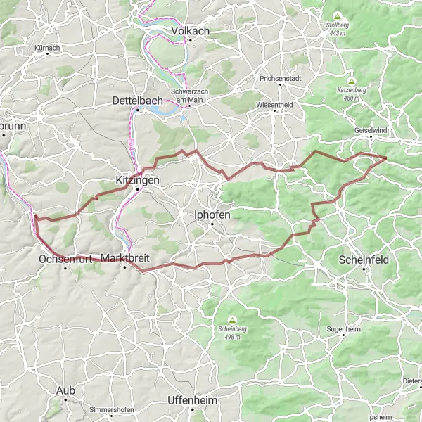 Map miniature of "The Gravel Adventure Challenge" cycling inspiration in Unterfranken, Germany. Generated by Tarmacs.app cycling route planner