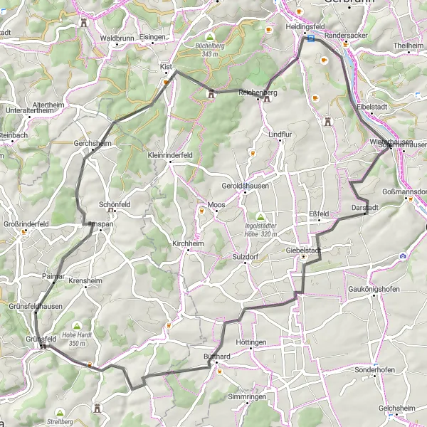 Map miniature of "Sommerhausen's Scenic Road Challenge" cycling inspiration in Unterfranken, Germany. Generated by Tarmacs.app cycling route planner