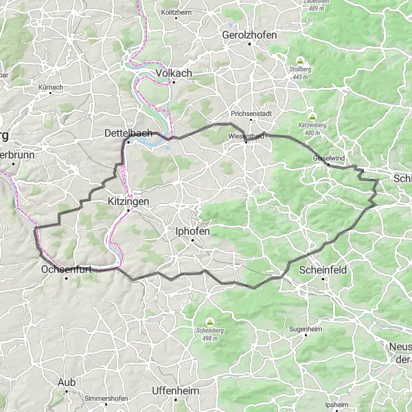 Map miniature of "The Hilltops and Rivers Route" cycling inspiration in Unterfranken, Germany. Generated by Tarmacs.app cycling route planner