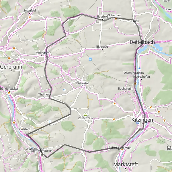 Map miniature of "The Vineyards and Historic Towns Route" cycling inspiration in Unterfranken, Germany. Generated by Tarmacs.app cycling route planner