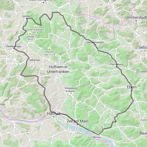 Karten-Miniaturansicht der Radinspiration "Die Burgen und Schlösser Route" in Unterfranken, Germany. Erstellt vom Tarmacs.app-Routenplaner für Radtouren