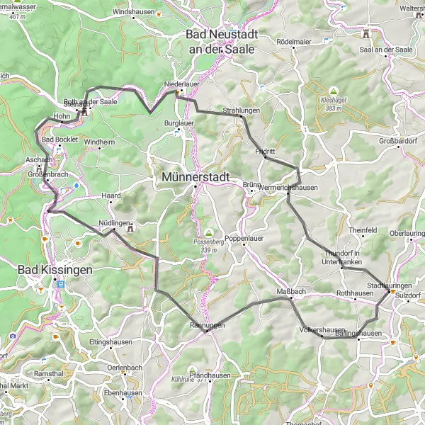 Karten-Miniaturansicht der Radinspiration "Kultur und Natur rund um Stadtlauringen" in Unterfranken, Germany. Erstellt vom Tarmacs.app-Routenplaner für Radtouren