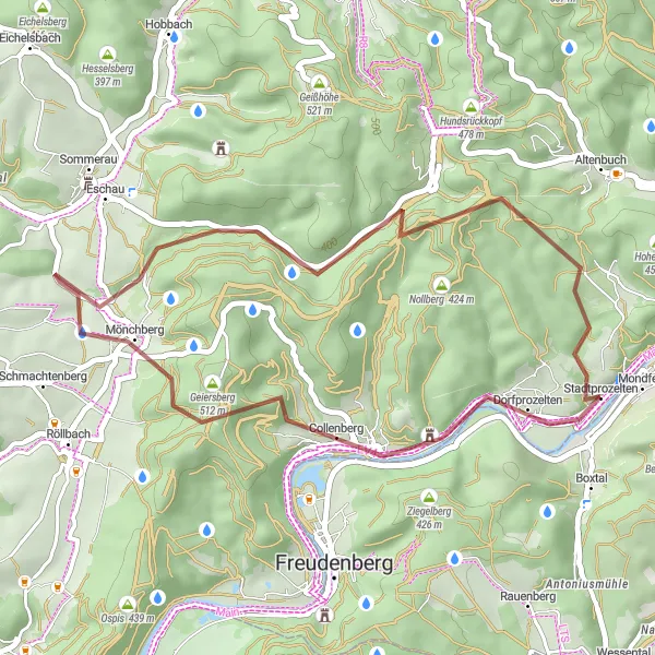 Map miniature of "Idyllic Gravel Ride: Stadtprozelten - Geiersberg - Spitzenstein" cycling inspiration in Unterfranken, Germany. Generated by Tarmacs.app cycling route planner