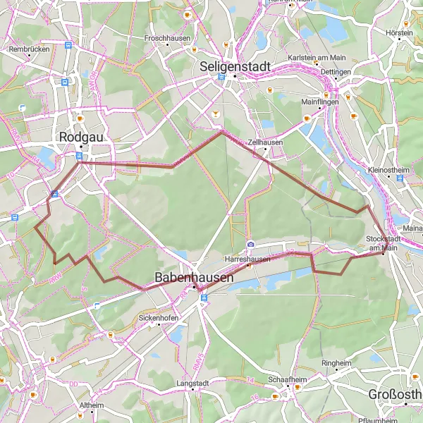 Map miniature of "Rodgau Loop" cycling inspiration in Unterfranken, Germany. Generated by Tarmacs.app cycling route planner