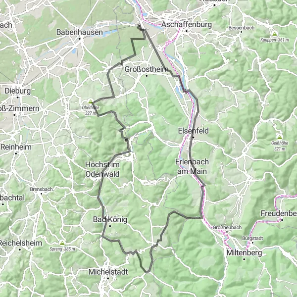 Karten-Miniaturansicht der Radinspiration "Hügeliges Straßenradfahren von Stockstadt am Main" in Unterfranken, Germany. Erstellt vom Tarmacs.app-Routenplaner für Radtouren