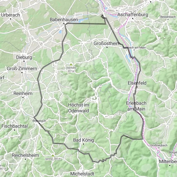 Map miniature of "Scenic Hilltops" cycling inspiration in Unterfranken, Germany. Generated by Tarmacs.app cycling route planner