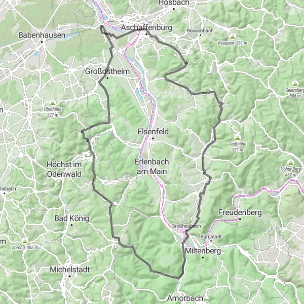 Karten-Miniaturansicht der Radinspiration "Herausfordernde Straßenradtour von Stockstadt am Main" in Unterfranken, Germany. Erstellt vom Tarmacs.app-Routenplaner für Radtouren