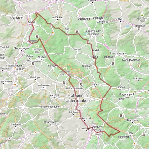 Map miniature of "Gravel Ride to Sulzfeld" cycling inspiration in Unterfranken, Germany. Generated by Tarmacs.app cycling route planner