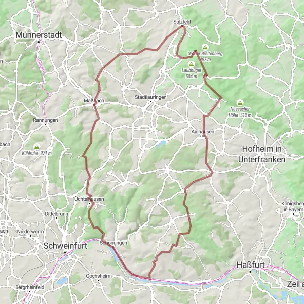 Map miniature of "The Gravel Escape" cycling inspiration in Unterfranken, Germany. Generated by Tarmacs.app cycling route planner
