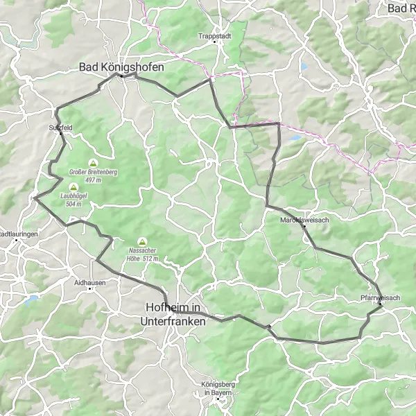 Map miniature of "Scenic Road Cycling near Sulzfeld" cycling inspiration in Unterfranken, Germany. Generated by Tarmacs.app cycling route planner