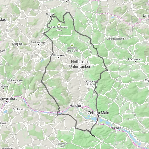 Map miniature of "The Road Adventure" cycling inspiration in Unterfranken, Germany. Generated by Tarmacs.app cycling route planner
