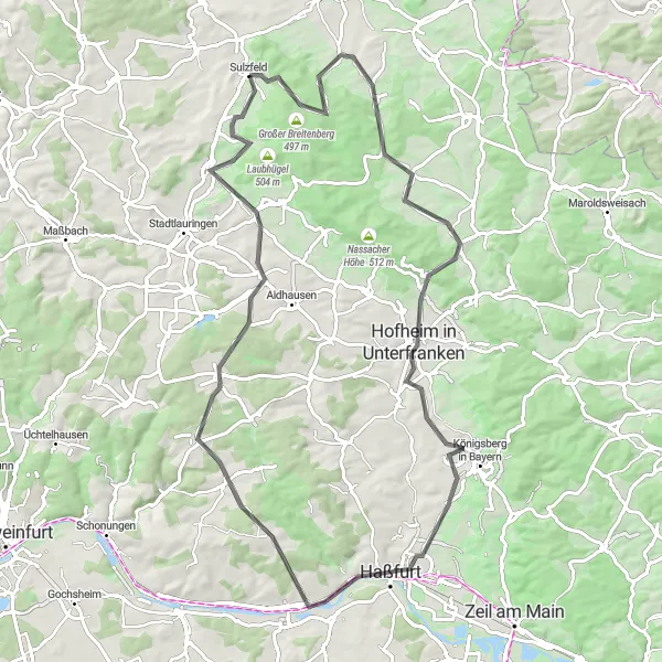 Map miniature of "Picturesque Road Cycling Loop around Sulzfeld" cycling inspiration in Unterfranken, Germany. Generated by Tarmacs.app cycling route planner