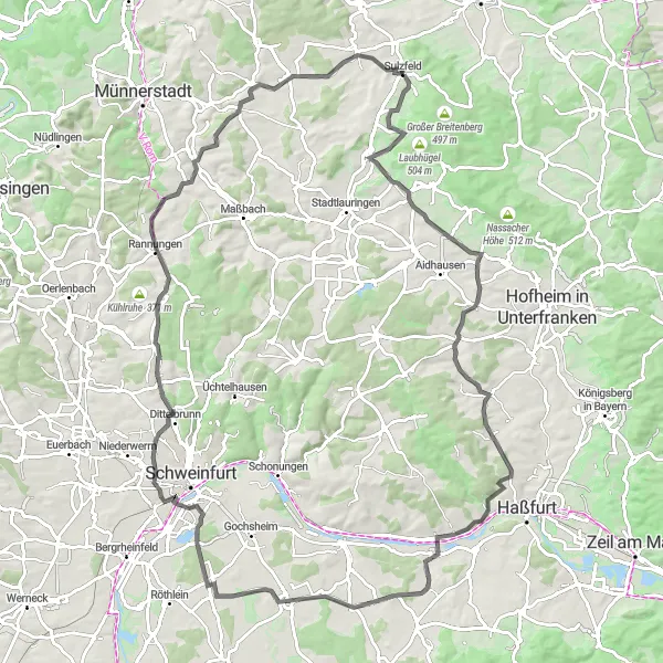 Map miniature of "Sulzfeld- Rannungen Road Ride" cycling inspiration in Unterfranken, Germany. Generated by Tarmacs.app cycling route planner