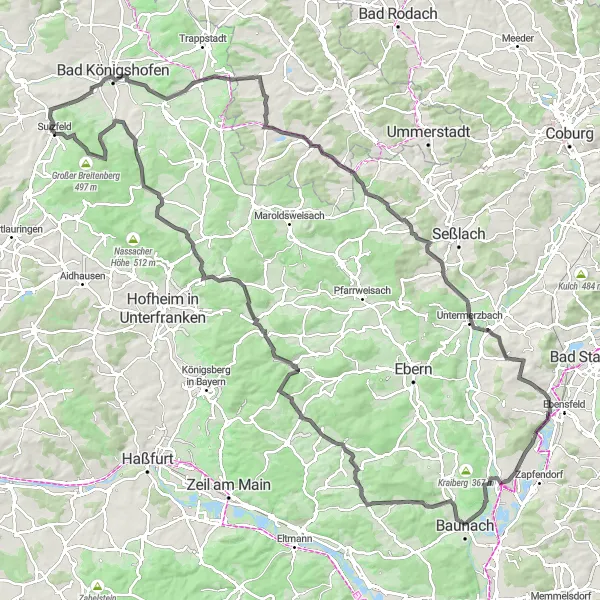 Map miniature of "Sulzfeld- Bramberg Road Ride" cycling inspiration in Unterfranken, Germany. Generated by Tarmacs.app cycling route planner