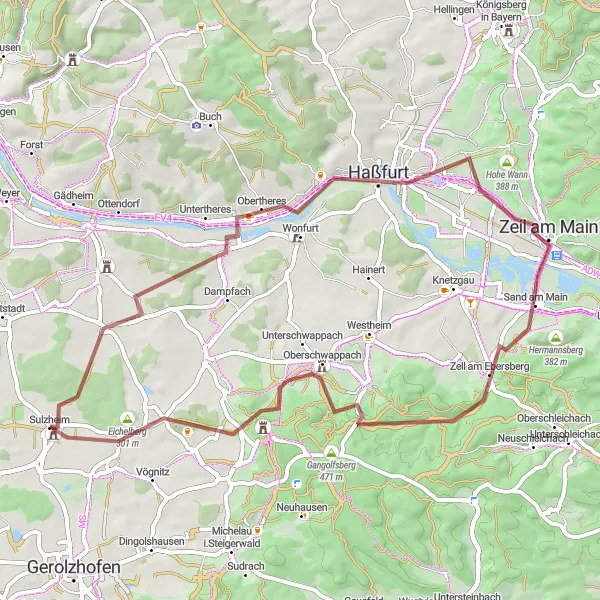 Map miniature of "Hidden Gravel Trails" cycling inspiration in Unterfranken, Germany. Generated by Tarmacs.app cycling route planner
