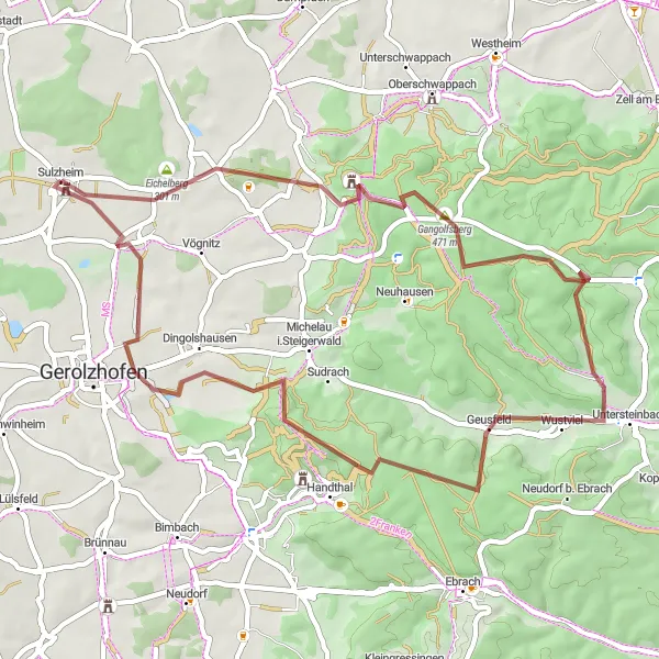 Karten-Miniaturansicht der Radinspiration "Gravel-Tour um Sulzheim" in Unterfranken, Germany. Erstellt vom Tarmacs.app-Routenplaner für Radtouren