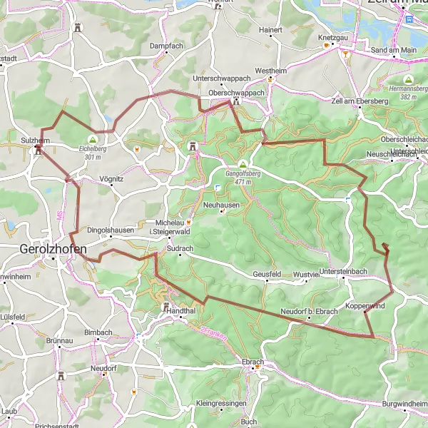 Map miniature of "Conquer challenging gravel terrains on this thrilling cycling route near Sulzheim" cycling inspiration in Unterfranken, Germany. Generated by Tarmacs.app cycling route planner