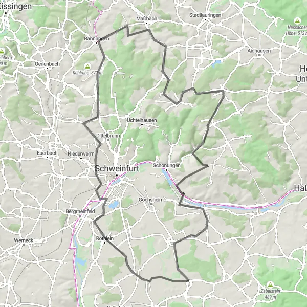 Karten-Miniaturansicht der Radinspiration "Panoramastraßen-Tour" in Unterfranken, Germany. Erstellt vom Tarmacs.app-Routenplaner für Radtouren