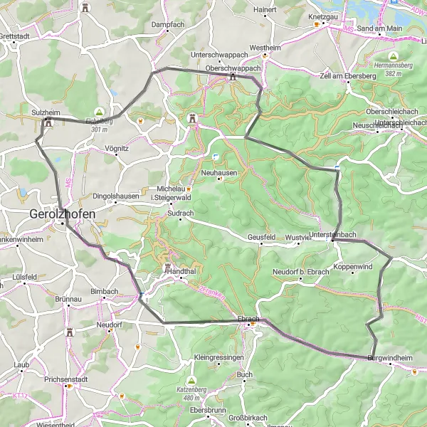 Map miniature of "Embark on a scenic road cycling journey through Sulzheim's countryside" cycling inspiration in Unterfranken, Germany. Generated by Tarmacs.app cycling route planner