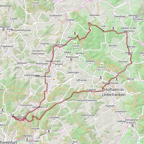 Karten-Miniaturansicht der Radinspiration "Hügelige Entdeckungstour" in Unterfranken, Germany. Erstellt vom Tarmacs.app-Routenplaner für Radtouren