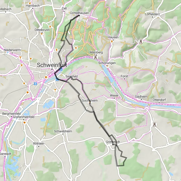 Karten-Miniaturansicht der Radinspiration "Rund um Schweinfurt" in Unterfranken, Germany. Erstellt vom Tarmacs.app-Routenplaner für Radtouren