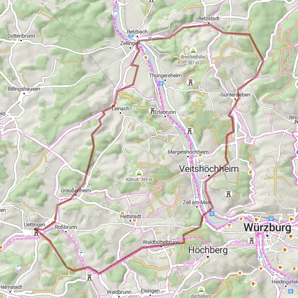 Karten-Miniaturansicht der Radinspiration "Die Gravel-Tour um Uettingen" in Unterfranken, Germany. Erstellt vom Tarmacs.app-Routenplaner für Radtouren