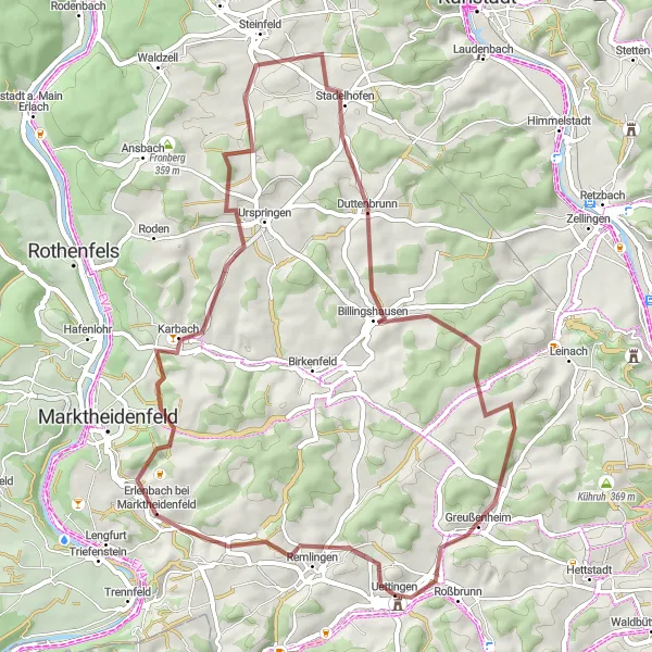 Karten-Miniaturansicht der Radinspiration "Unterfranken erkunden: Gravel-Tour um Uettingen" in Unterfranken, Germany. Erstellt vom Tarmacs.app-Routenplaner für Radtouren