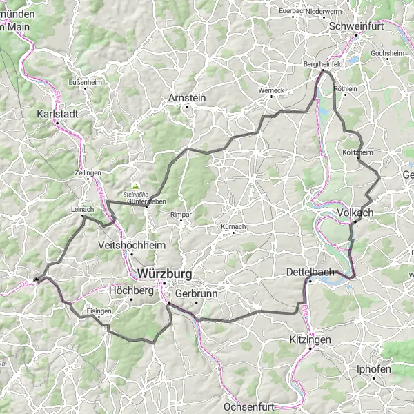Karten-Miniaturansicht der Radinspiration "Panoramische Rundtour" in Unterfranken, Germany. Erstellt vom Tarmacs.app-Routenplaner für Radtouren