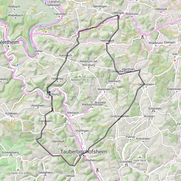 Karten-Miniaturansicht der Radinspiration "Durchfranken: Straßentour rund um Uettingen" in Unterfranken, Germany. Erstellt vom Tarmacs.app-Routenplaner für Radtouren