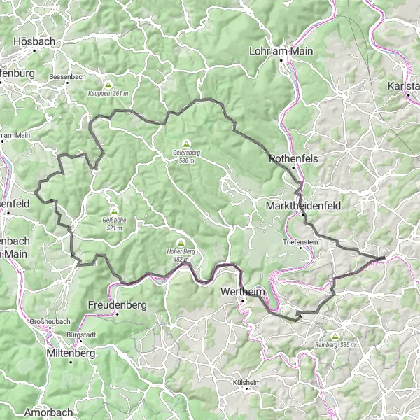 Karten-Miniaturansicht der Radinspiration "Hügelige Landschaftstour" in Unterfranken, Germany. Erstellt vom Tarmacs.app-Routenplaner für Radtouren