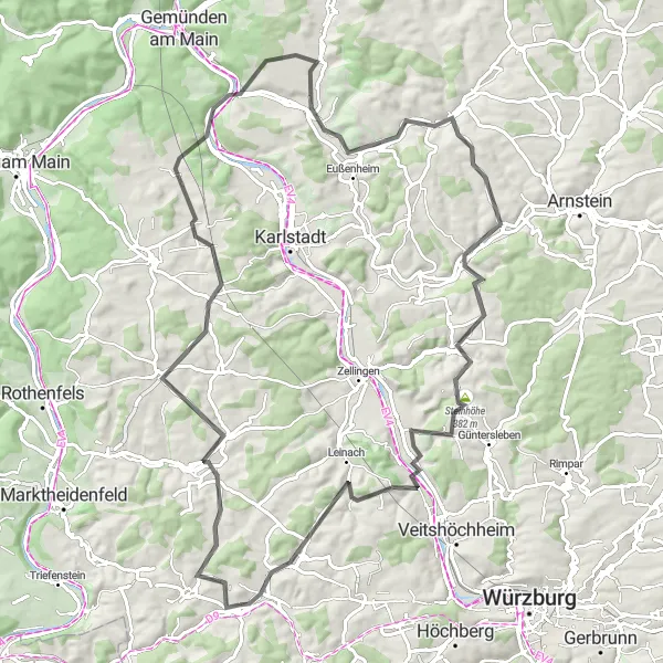 Karten-Miniaturansicht der Radinspiration "Bergauf-Bergab Tour" in Unterfranken, Germany. Erstellt vom Tarmacs.app-Routenplaner für Radtouren