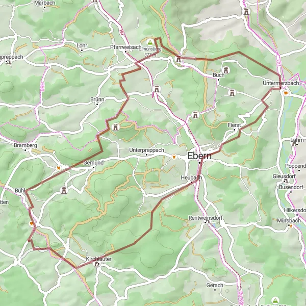 Map miniature of "Unterfranken Gravel Trail" cycling inspiration in Unterfranken, Germany. Generated by Tarmacs.app cycling route planner
