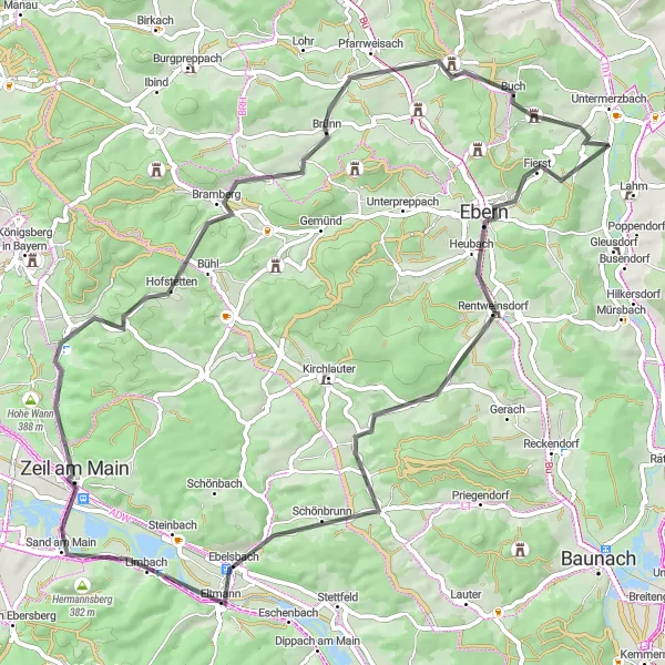 Map miniature of "Scenic Road Cycling in Unterfranken" cycling inspiration in Unterfranken, Germany. Generated by Tarmacs.app cycling route planner