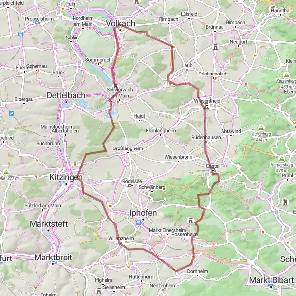 Map miniature of "Wiesentheid Gravel Adventure" cycling inspiration in Unterfranken, Germany. Generated by Tarmacs.app cycling route planner