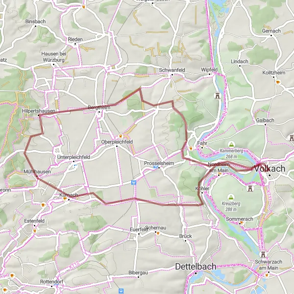 Map miniature of "Nordheim Gravel Loop" cycling inspiration in Unterfranken, Germany. Generated by Tarmacs.app cycling route planner