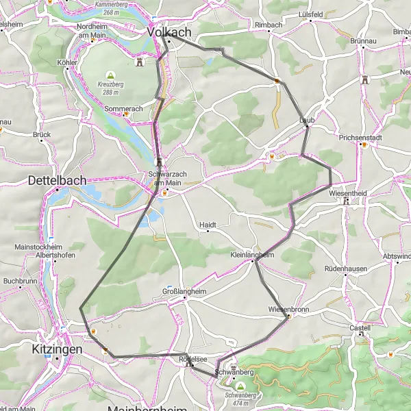 Map miniature of "Eichfeld Road Route" cycling inspiration in Unterfranken, Germany. Generated by Tarmacs.app cycling route planner
