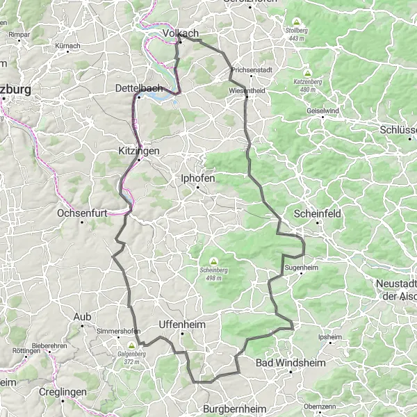 Map miniature of "Wiesentheid Road Tour" cycling inspiration in Unterfranken, Germany. Generated by Tarmacs.app cycling route planner