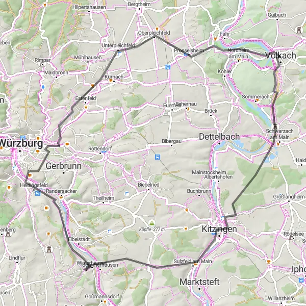 Map miniature of "The Schwarzach am Main Loop" cycling inspiration in Unterfranken, Germany. Generated by Tarmacs.app cycling route planner
