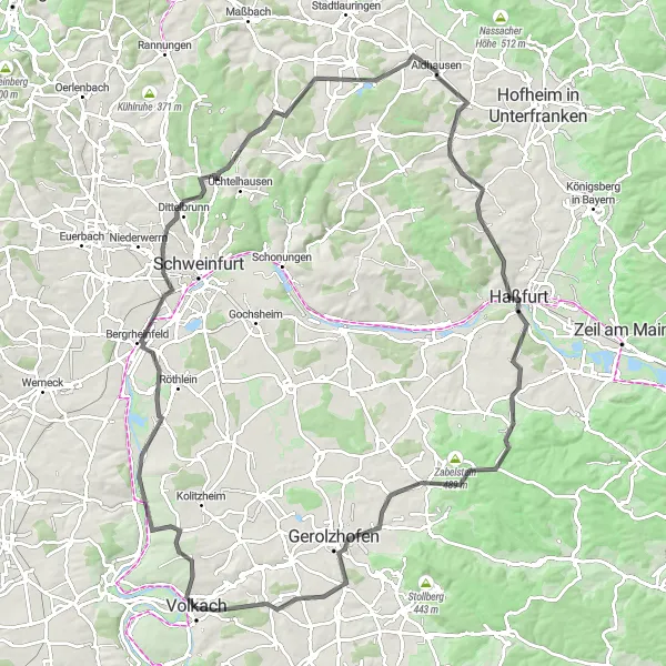 Map miniature of "The Gaibach Adventure" cycling inspiration in Unterfranken, Germany. Generated by Tarmacs.app cycling route planner