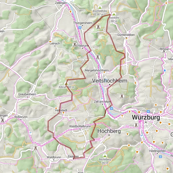 Karten-Miniaturansicht der Radinspiration "Hügelig durch Unterfranken" in Unterfranken, Germany. Erstellt vom Tarmacs.app-Routenplaner für Radtouren