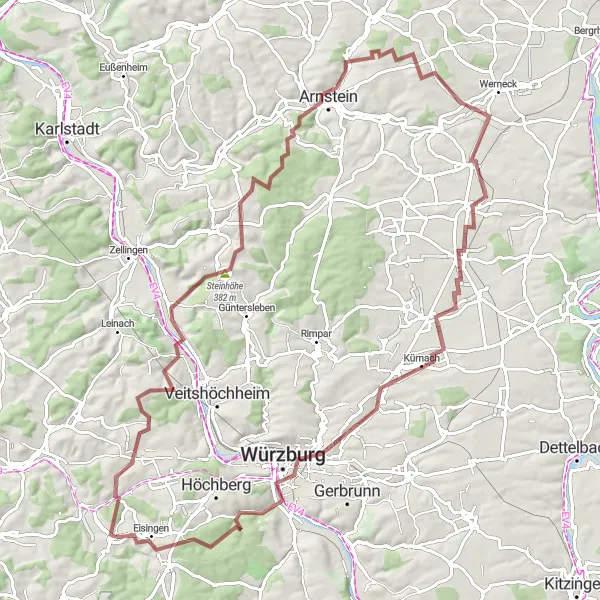 Karten-Miniaturansicht der Radinspiration "Abenteuer um Würzburg" in Unterfranken, Germany. Erstellt vom Tarmacs.app-Routenplaner für Radtouren