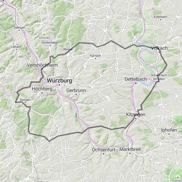 Karten-Miniaturansicht der Radinspiration "Mainufer und Weinberge Tour" in Unterfranken, Germany. Erstellt vom Tarmacs.app-Routenplaner für Radtouren