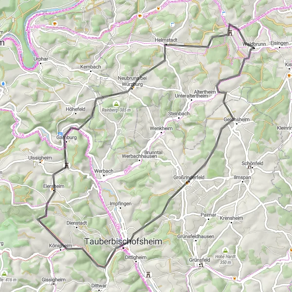 Karten-Miniaturansicht der Radinspiration "Rund um Würzburg" in Unterfranken, Germany. Erstellt vom Tarmacs.app-Routenplaner für Radtouren