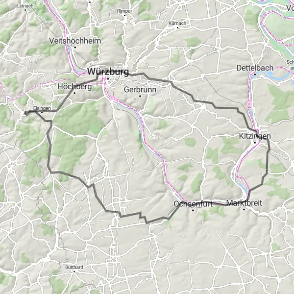 Karten-Miniaturansicht der Radinspiration "Weinberge und Ausblicke" in Unterfranken, Germany. Erstellt vom Tarmacs.app-Routenplaner für Radtouren
