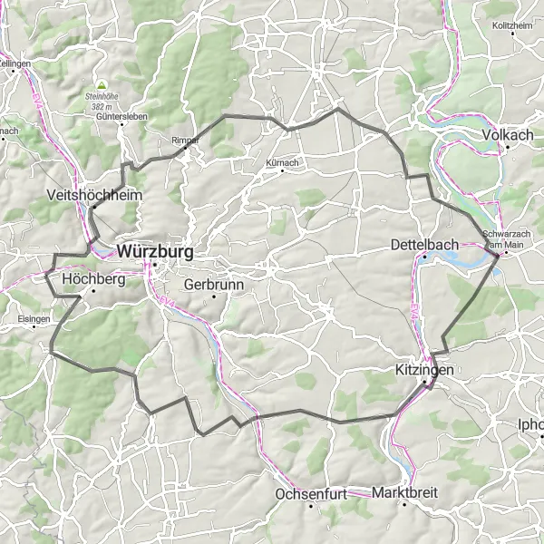 Karten-Miniaturansicht der Radinspiration "Entlang des Mains und der Weinberge" in Unterfranken, Germany. Erstellt vom Tarmacs.app-Routenplaner für Radtouren