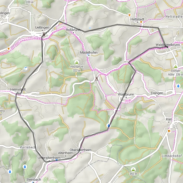 Karten-Miniaturansicht der Radinspiration "Kurze Tour nach Altertheim und Hettstadt" in Unterfranken, Germany. Erstellt vom Tarmacs.app-Routenplaner für Radtouren
