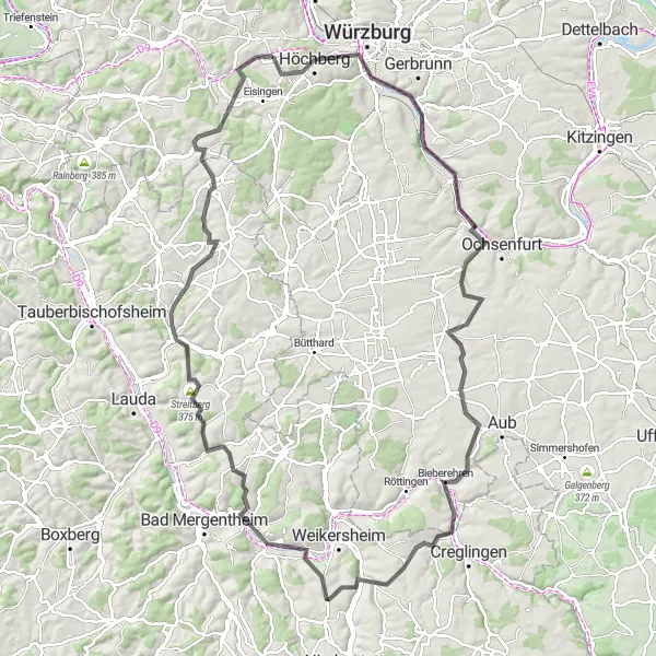 Karten-Miniaturansicht der Radinspiration "Tour um Würzburg und Marienberg" in Unterfranken, Germany. Erstellt vom Tarmacs.app-Routenplaner für Radtouren