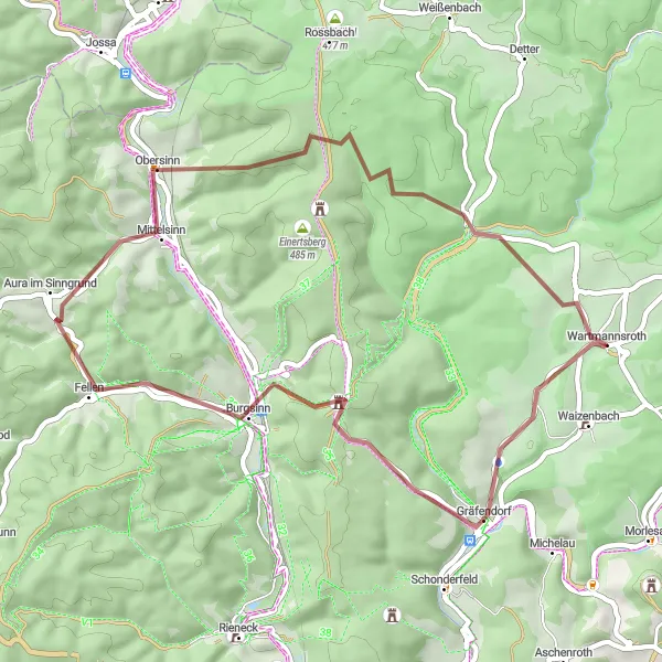 Map miniature of "Gräfendorf - Burgsinn - Sinneberg - Völkersleier" cycling inspiration in Unterfranken, Germany. Generated by Tarmacs.app cycling route planner